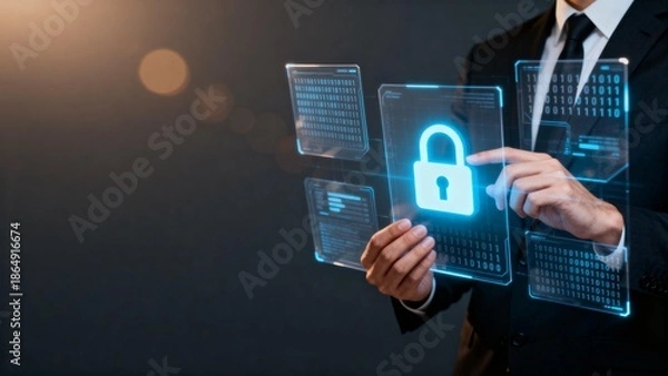 Fototapeta Businessman interacting with digital security interface