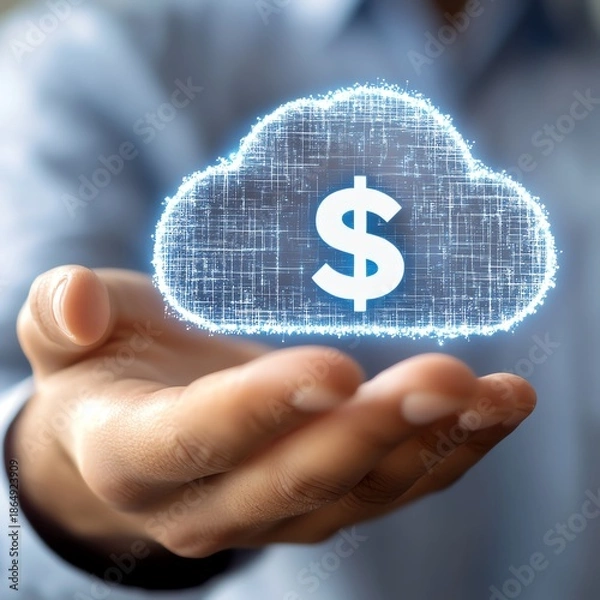Obraz Hand holding digital cloud with dollar symbol.
