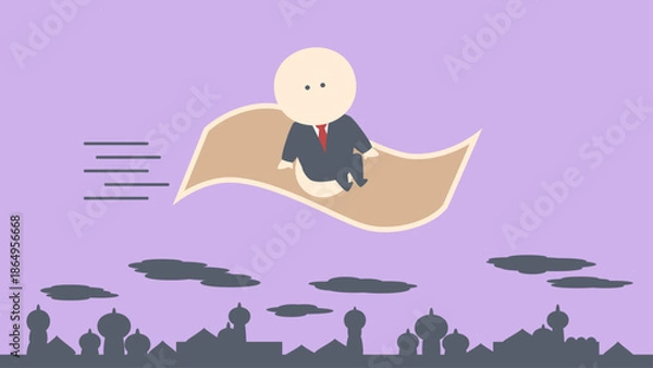 Obraz ビジネスイメージイラスト_札束絨毯で中東の街を飛翔する成功ビジネスマン