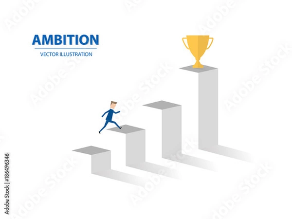 Fototapeta Businessman jumps on graph columns with his high ambition. A concept of success, achievement, motivation. Vector illustration.