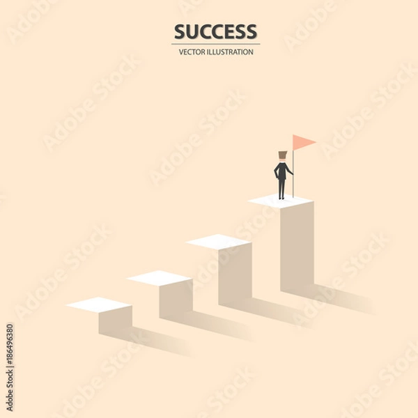 Fototapeta Businessman proudly stands on the top of graph columns. A concept of winner, success, motivation. Vector illustration.