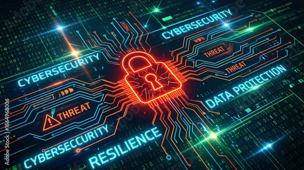 Obraz Cybersecurity data protection digital lock network security cyber threat resilience firewall encryption hacker malware computer internet