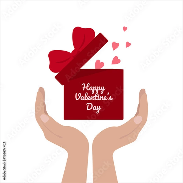Fototapeta Happy Valentine's Day. Hands hold gift box with heart and  ribbon baw. Vector flat icon. Beautiful design template. 