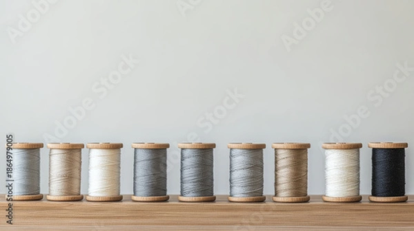 Obraz Five Spools of Thread in Neutral Tones Lined Up