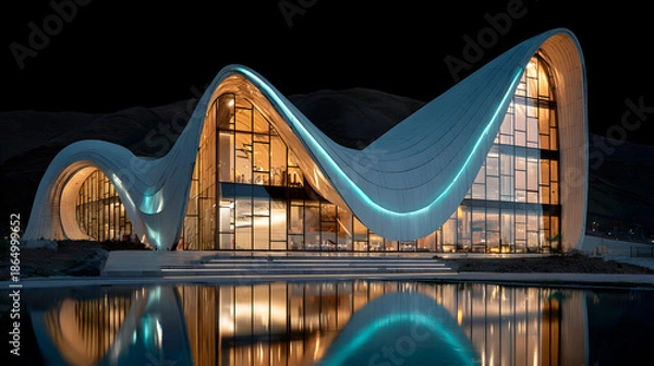 Obraz Modern Architecture Building at Night with Reflection.