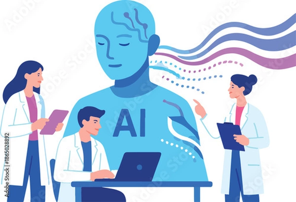 Obraz Artificial Intelligence and Human Scientists Collaborating on Future Research Illustration