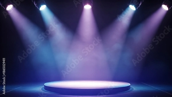 Fototapeta Dramatic stage with spotlight shining down on empty circular platform