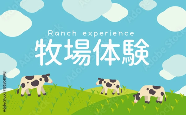 Obraz 草原と空と牛の牧場背景フレーム