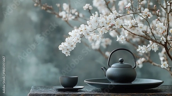 Obraz Serene tea setting with blossoming branch