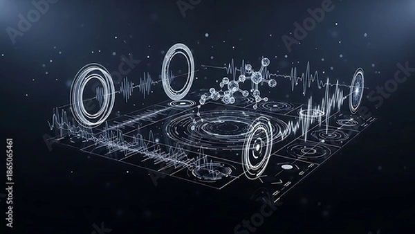 Obraz Abstract Scientific Data Visualization with Molecular Structure and Waveforms image photo