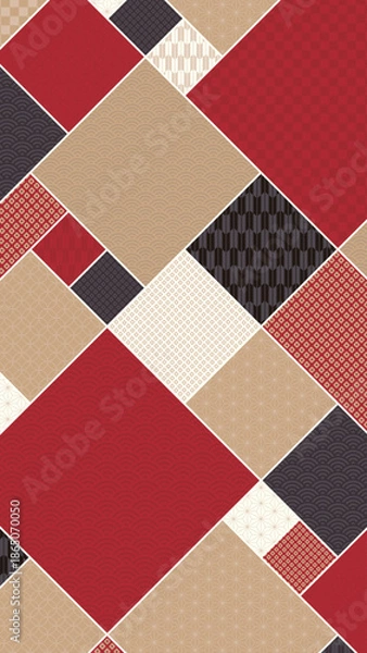 Obraz 16:9サイズ縦型の背景素材：日本の伝統的な柄で構成された赤と黒と金色のジオメトリックパターン