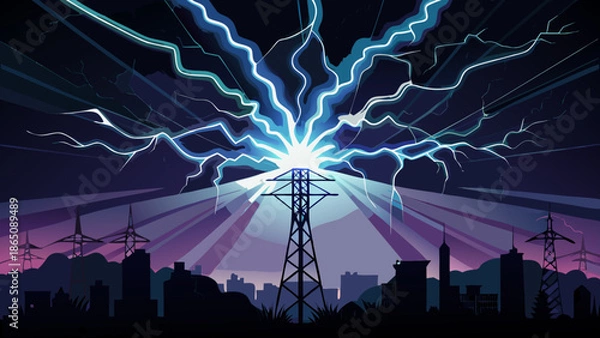 Fototapeta Electricity explosion over cityscape