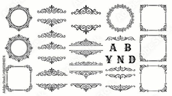 Obraz Decorative Flourish Borders With Symmetrical Classic Typography Elements