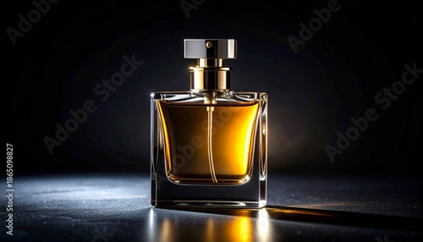 Obraz Luxury perfume bottle with dramatic light, black background