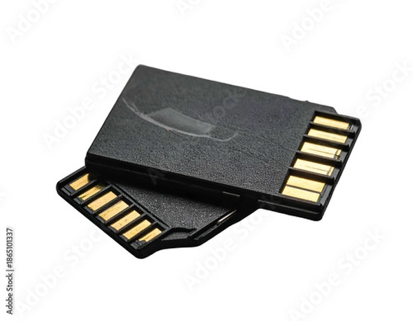 Obraz Two black rectangular electronic memory cards with gold contacts