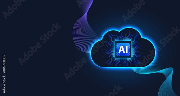 Fototapeta Glowing AI cloud icon with digital circuit lines on a dark background, for artificial intelligence, cloud computing, machine learning, data processing, and advanced technology innovation.