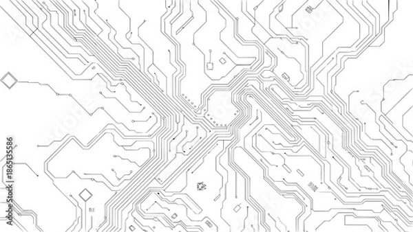 Obraz Abstract circuit board pattern with interconnected gray traces on white background, vector PCB pathways for technology concept designs