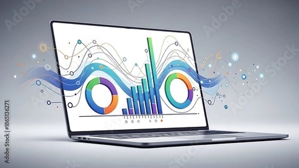 Fototapeta Laptop displaying colorful data visualization with abstract
