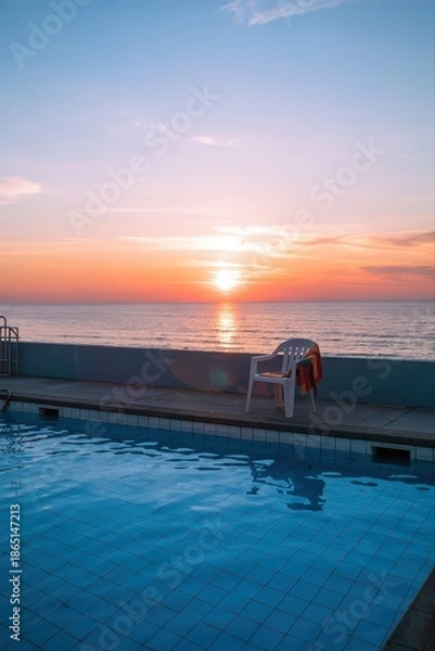 Obraz Serene sunset over oceanfront pool view.