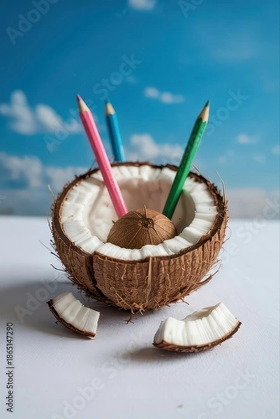 Obraz Creative pencil holder made from a halved coconut.