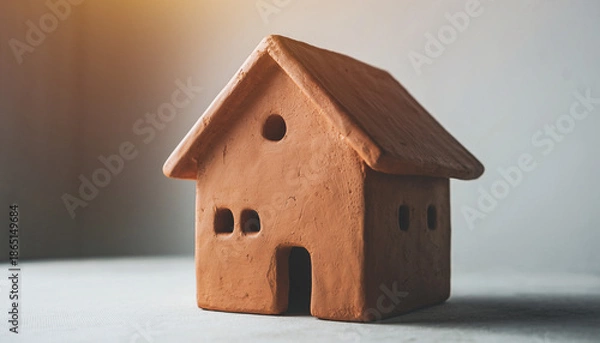 Obraz Small Clay House Model on Neutral Background　茶色い粘土で作られた小さな家のおもちゃが置かれたイメージ