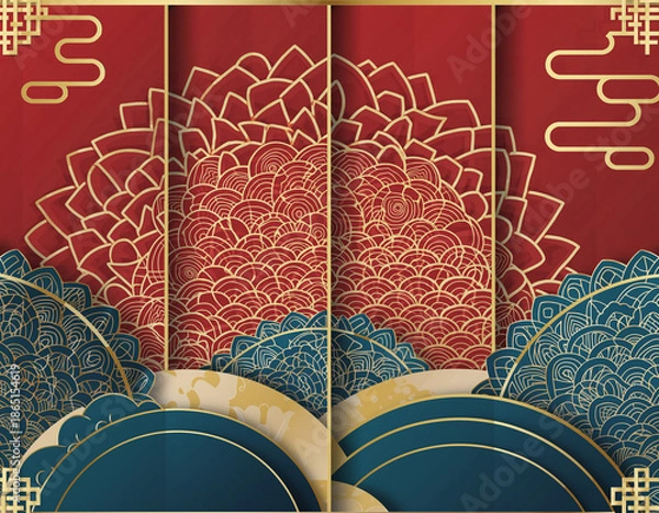 Obraz Intricate Traditional Asian Pattern with Red and Blue Elements.