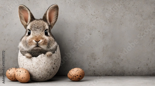 Fototapeta Bunny hatching from egg shell with copy space. Easter concept.