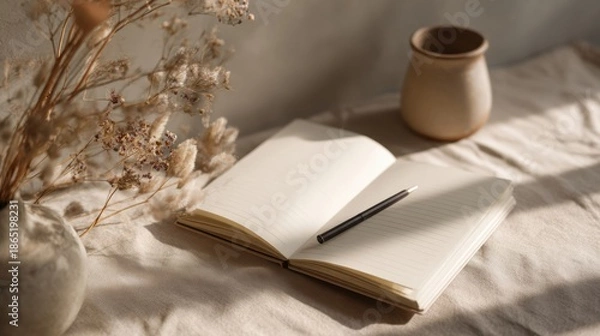 Obraz Open blank notebook with pen on a soft fabric surface