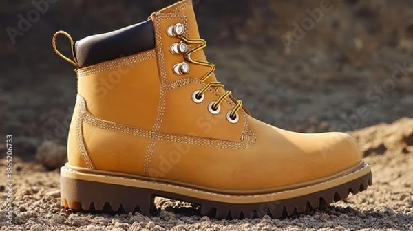 Obraz Single yellow leather work boot with laces resting on gritty surface