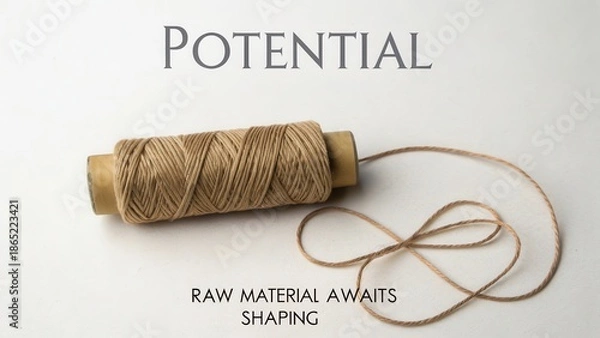 Obraz Untangled thread on a spool with text 'Potential' and 'Raw Material Awaits Shaping'