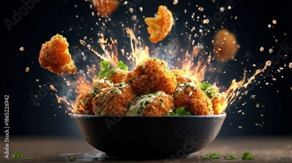 Obraz Crispy Buffalo Cauliflower Bites Exploding from a Bowl in a Dynamic and Visually Striking Presentation