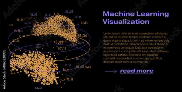 Obraz Particles and circles clustered in elliptical orbits with scattered numerical data points.  Conceptual vector illustration for machine learning visualization, dimensionality reduction, clustering.