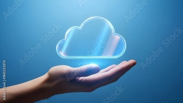 Fototapeta Glowing Holographic Cloud in Hand – Cloud Computing, Data Storage & Secure IT Technology Concept