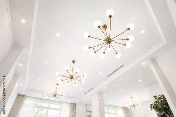 Fototapeta Interior space bottom angle emphasizing a bright white ceiling and chic contemporary lights