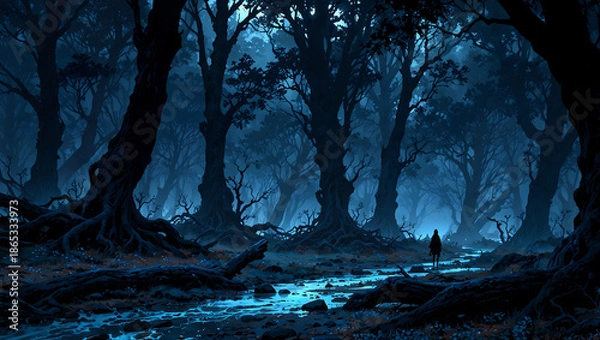 Obraz 青い森の中を行く人　AI生成素材