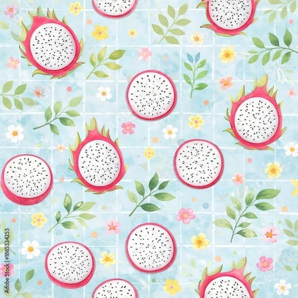 Obraz Dragon Fruit Seamless Pattern with Leaves on Blue Background