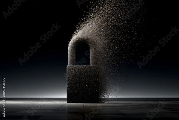 Obraz Conceptual floating padlock formed from tiny numeric particles, dissolving edges, illuminated by dramatic side light, showcasing a dark-tech aesthetic