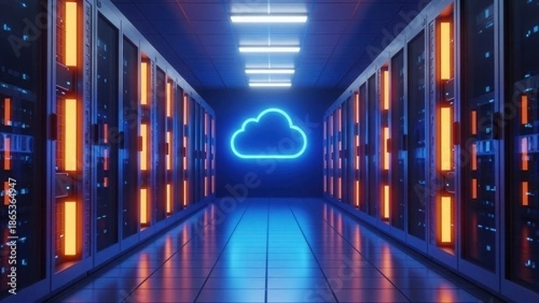 Obraz Futuristic Data Center with Glowing Cloud Icon Representing Cloud Computing and Server Infrastructure
