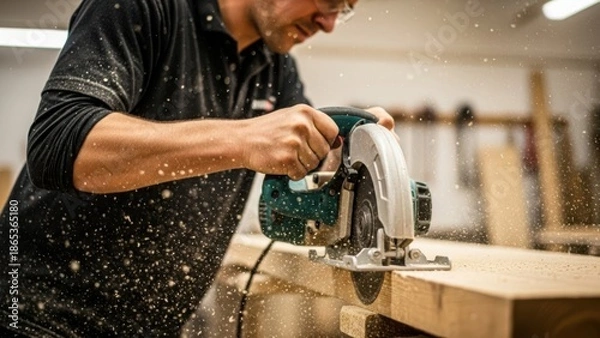 Obraz Man using circular saw isolated on white background