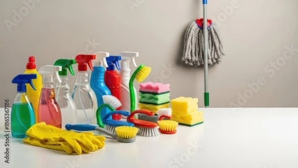Obraz Cleaning supplies isolated on white background