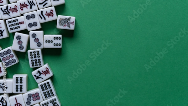 Obraz 緑色背景に並ぶマージャン牌	