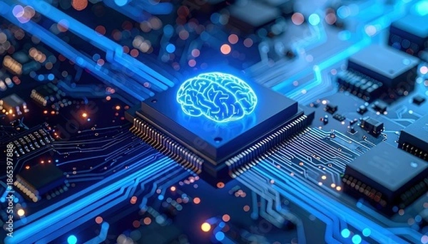 Obraz Glowing brain CPU processor on motherboard