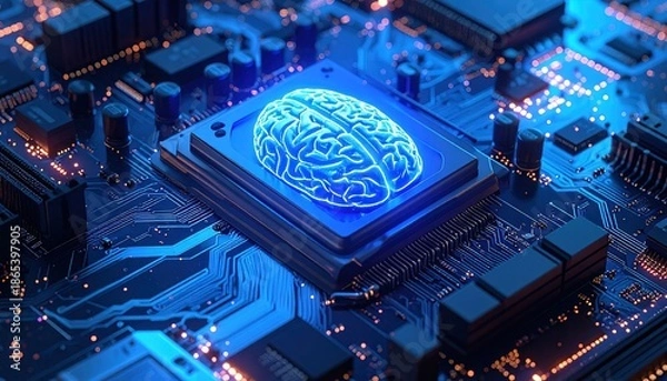 Obraz Glowing brain CPU processor on motherboard