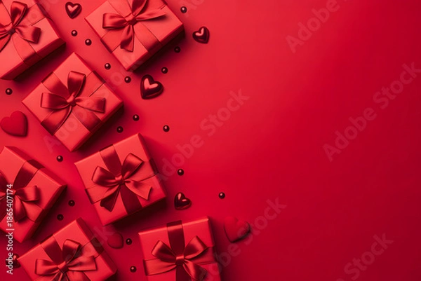 Obraz Red gift boxes with ribbons on vibrant red background