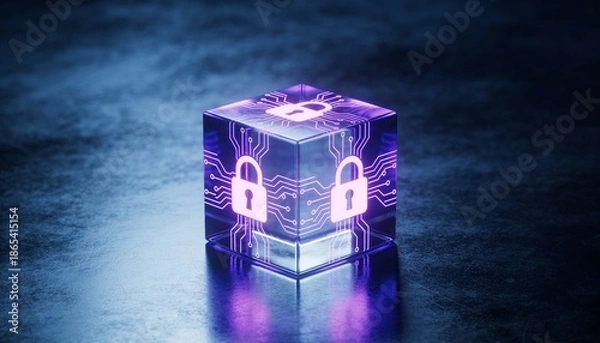 Fototapeta glowing encrypted data cube with lock symbols, encryption concept