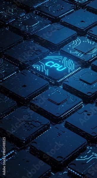 Obraz Glowing CPU Chip Embedded in Circuit Board Array