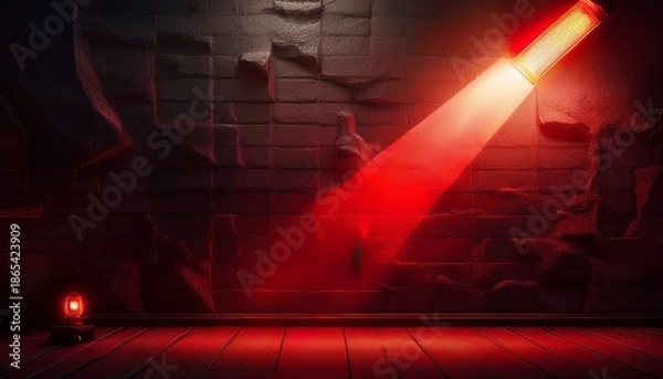 Obraz red warning light emitting beam dark wall