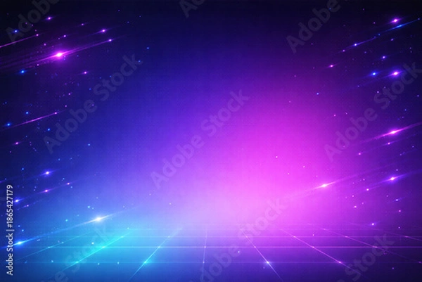 Obraz ネオングラデーション背景・グリッド床と光の軌跡・汎用デジタル素材