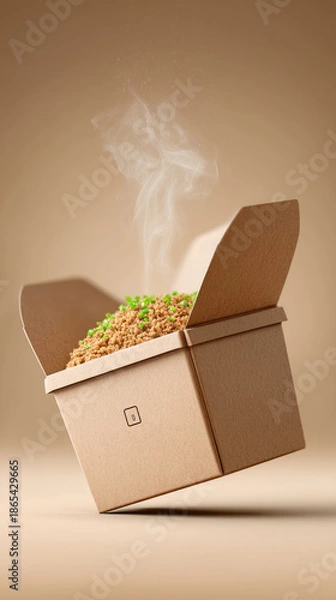 Fototapeta Takeout box with hot steaming rice and vegetables floating overhead view