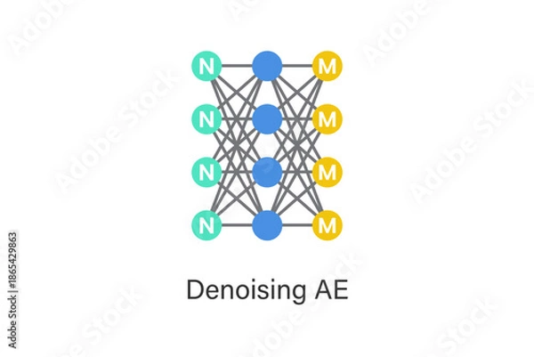 Obraz Denoising autoencoder neural network concept illustration with encoder-decoder layers, designed to remove noise from data, enhance feature learning, and improve AI robustness and representation.